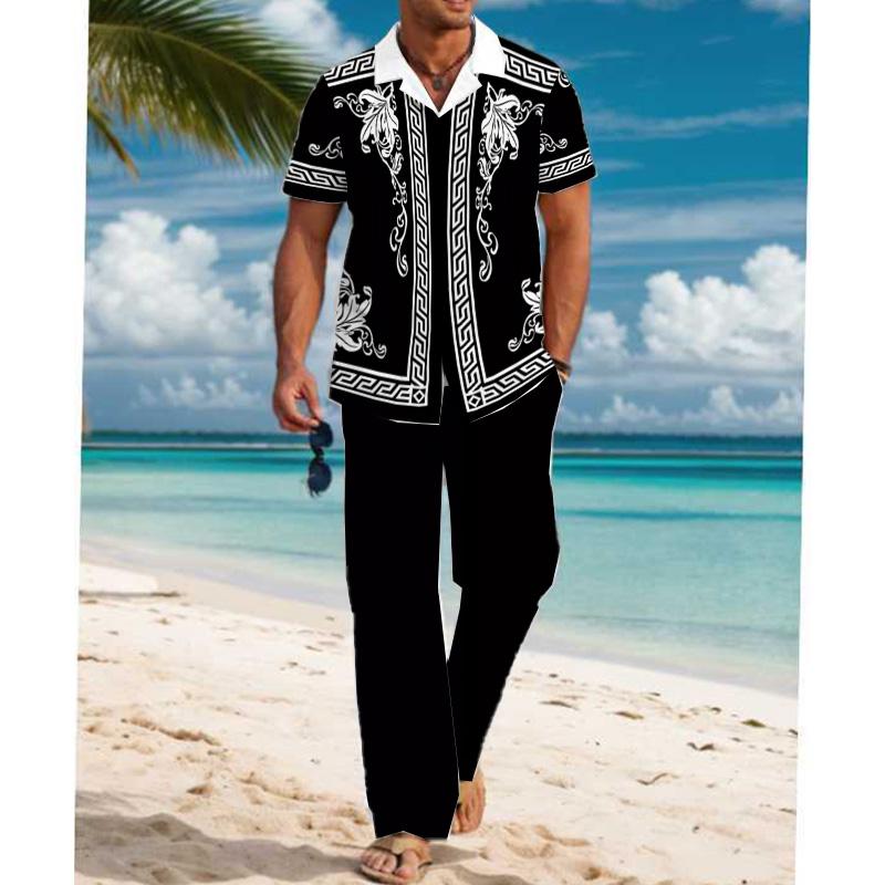 Men's Casual Printed Short Sleeve Shirt and Pants Set 54024830YM