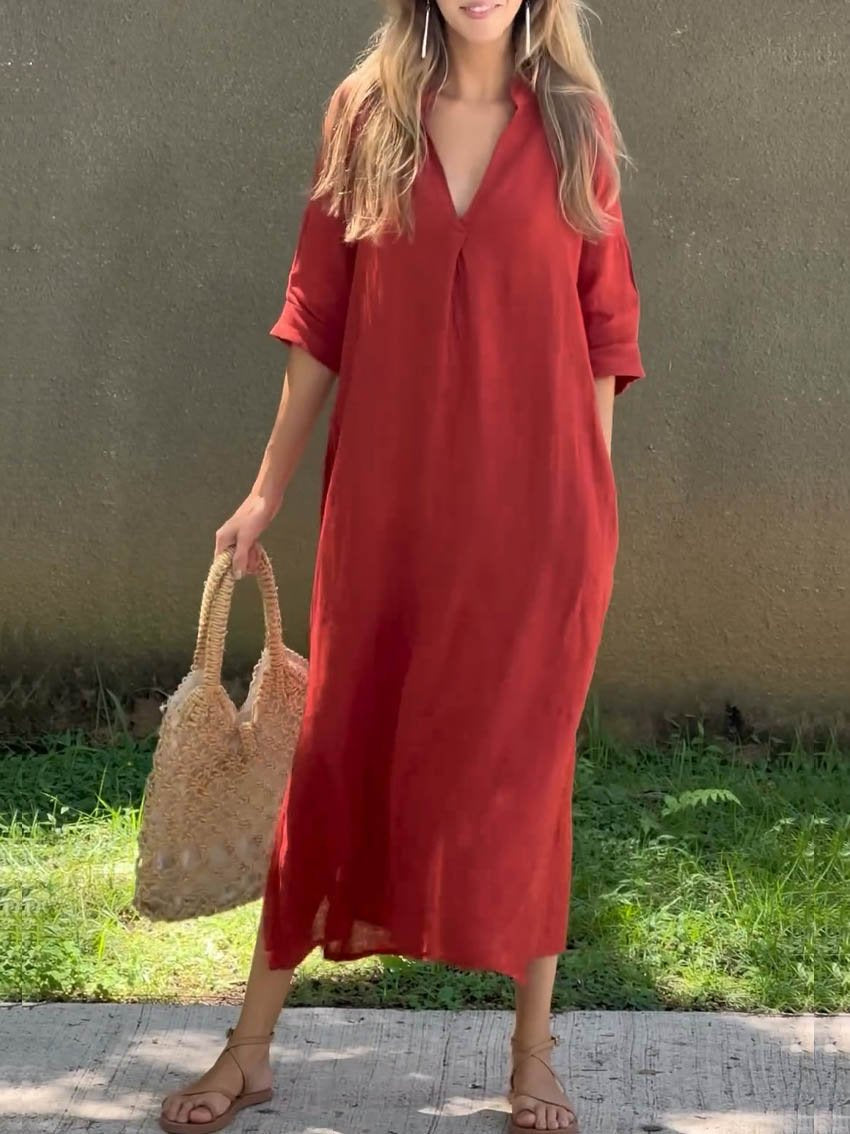 Women's Solid Color V-Neck Linen Pocket Dress