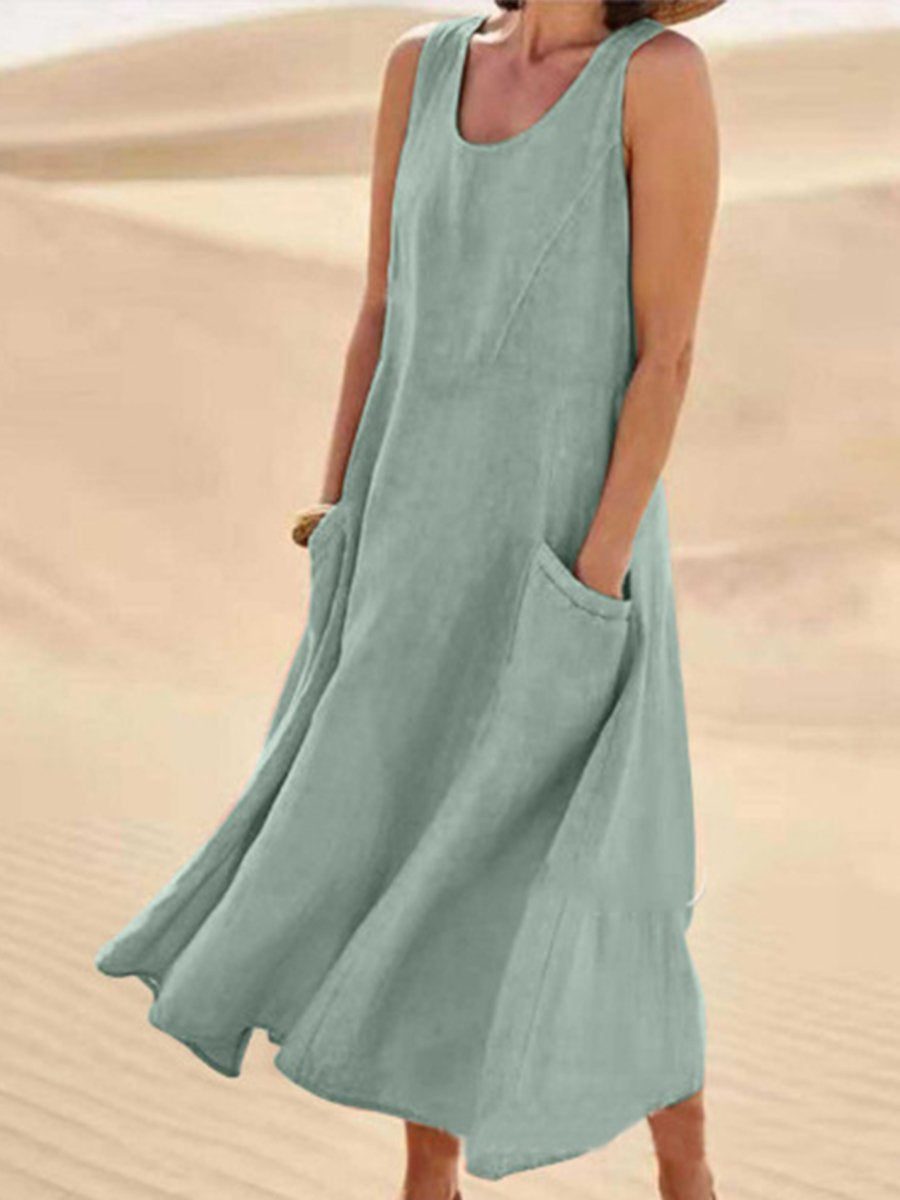 Women Sleeveless Sundress Elegant Round Neck Cotton Linen Solid Long Tank Casual Summer Dress