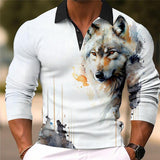 Men's Fashion Wolf 3d Printed Long Sleeve Polo Shirt