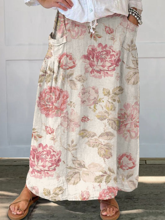 Elegant Vintage Pink Floral Print Women's Linen Pocket Skirt