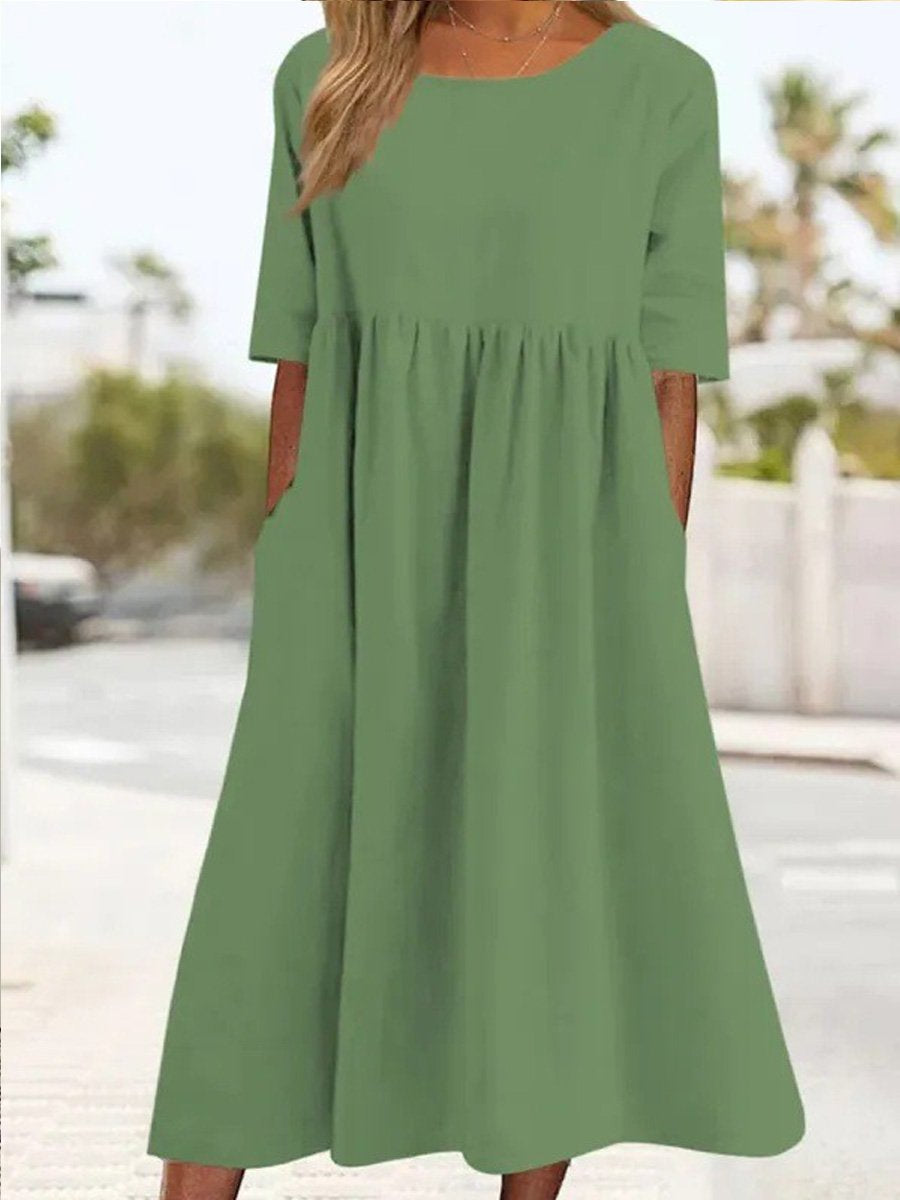 Cotton And Linen Casual Short Sleeve Pocket Pleated Loose Round Neck Dress