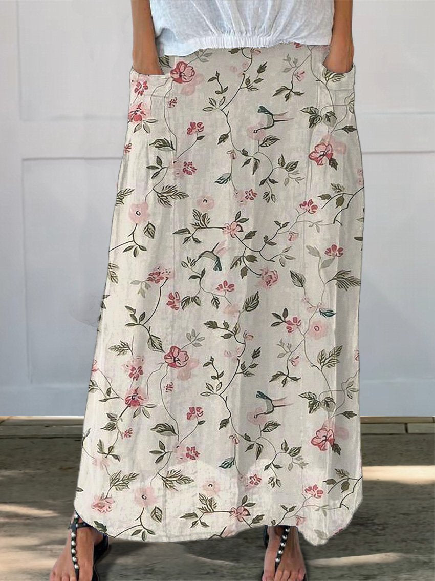 Spring Floral And Hummingbird Repeat Pattern Printed Women's Linen Pocket Skirt