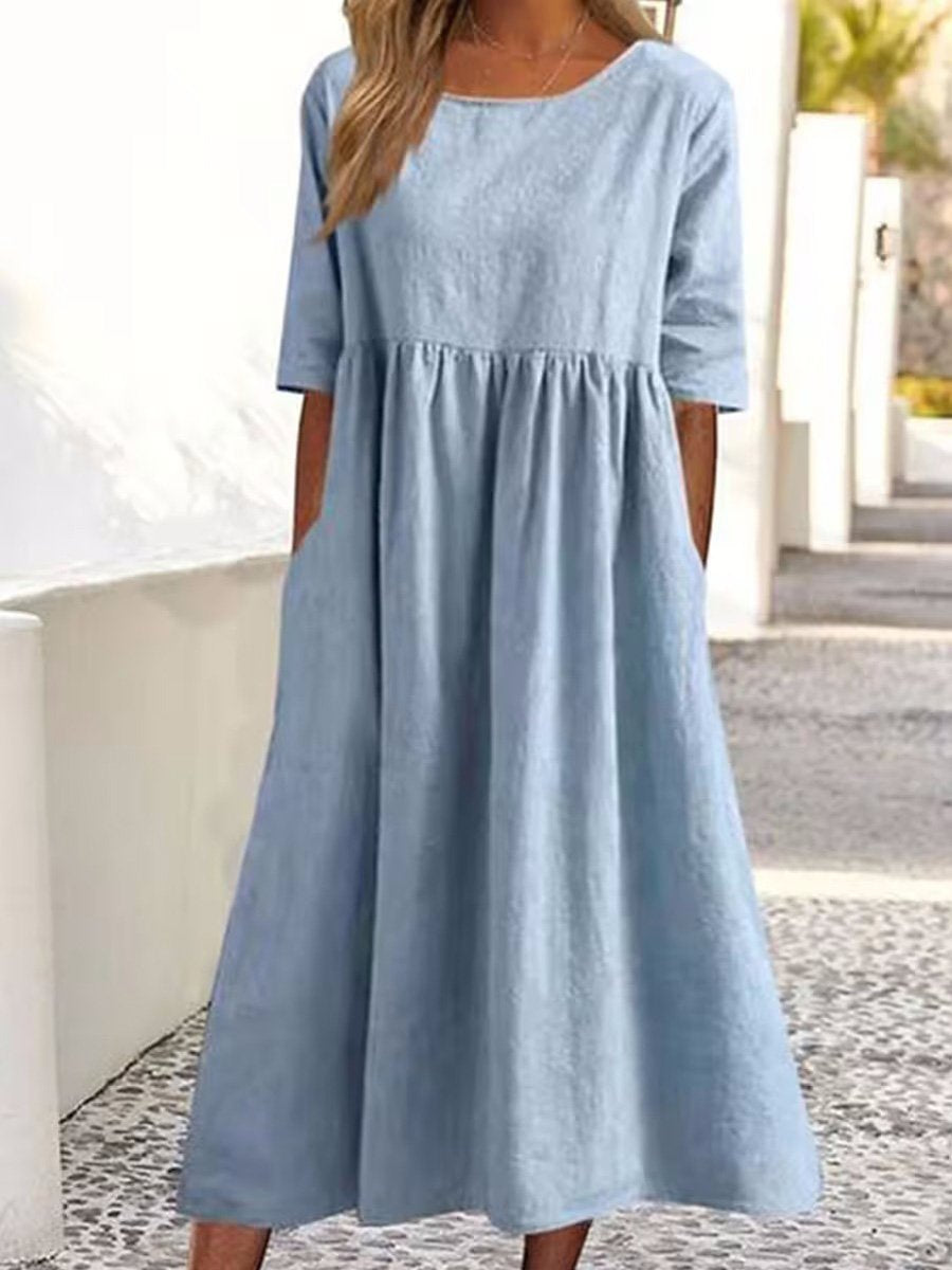 Cotton And Linen Casual Short Sleeve Pocket Pleated Loose Round Neck Dress