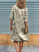 Boughs And Robin Birds Pattern Printed Women's Linen Pocket Tunic Dress