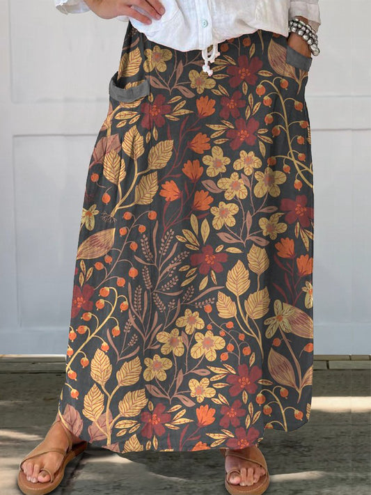 The Autumn Garden Pattern Printed Women's Linen Pocket Skirt