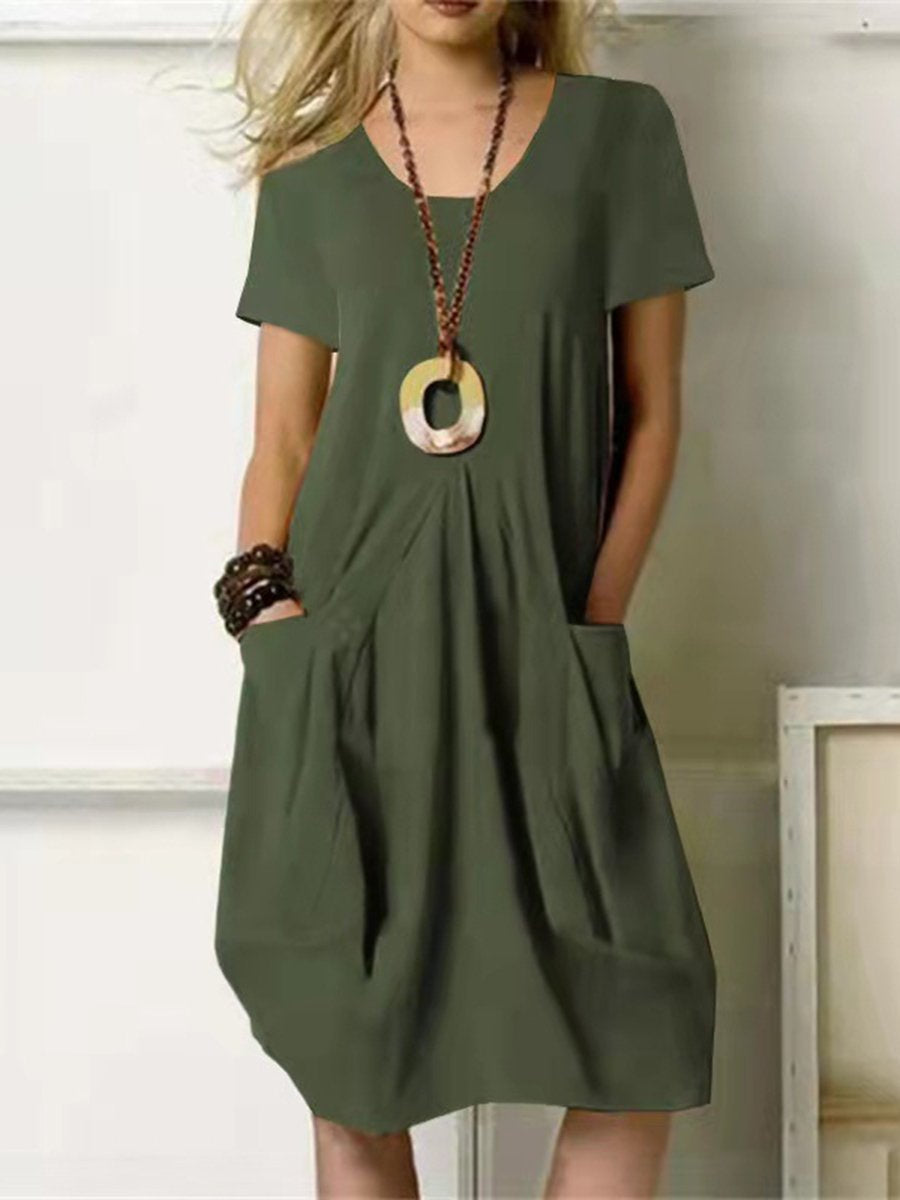 Women's Round Neck Cotton Linen Casual Dress