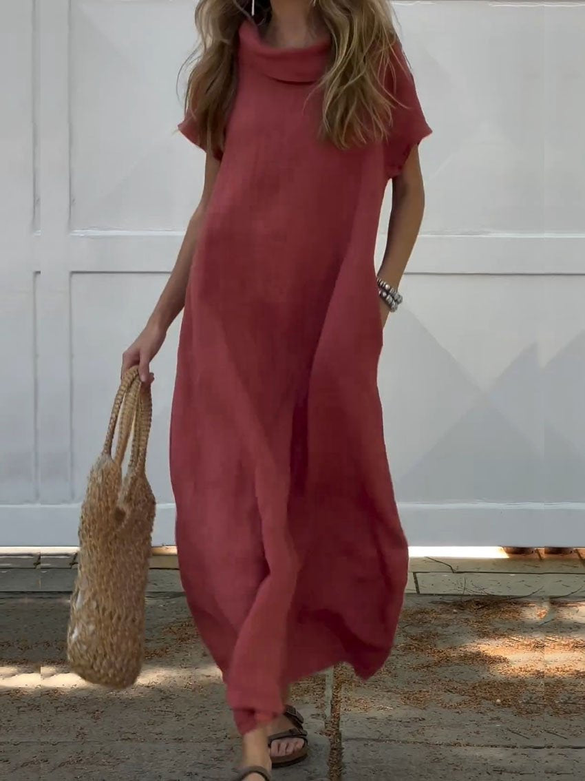 Women's Turndown Collar Linen Pocket Dress