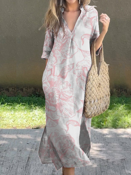 Fresh and Elegant Pink Floral Print Women's V-Neck Linen Pocket Dress