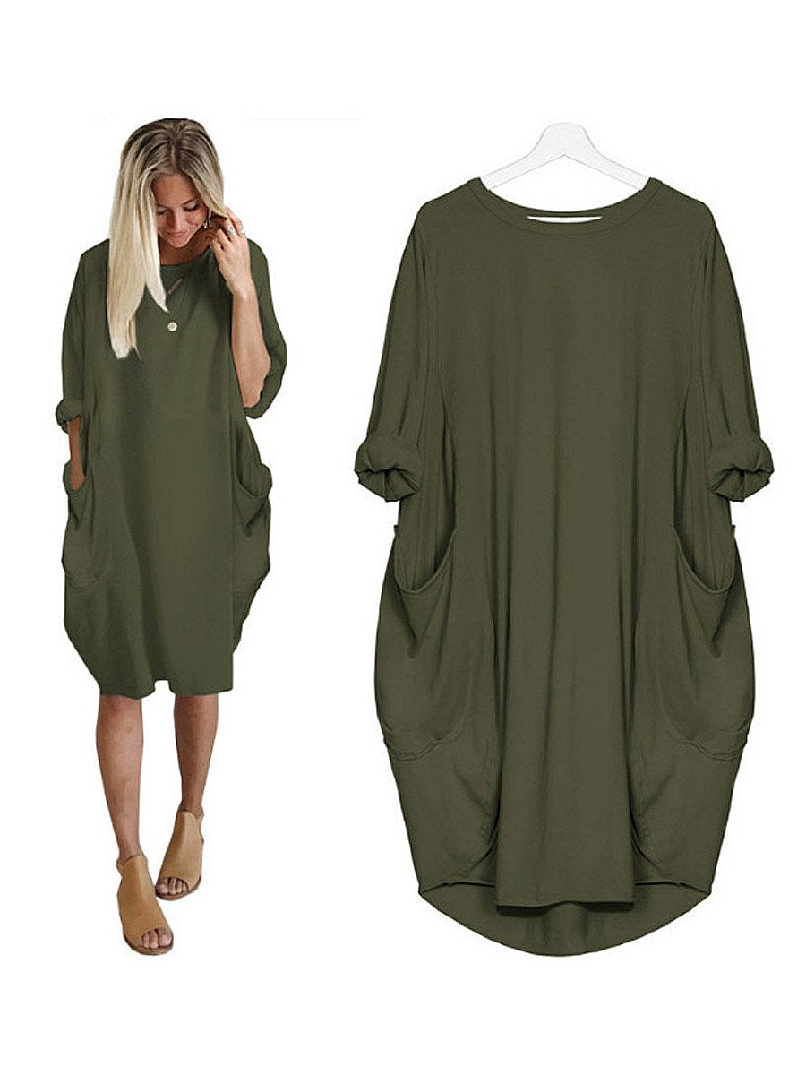 Women's Solid Color Loose Elegant Casual Long-sleeved Pocket Dress