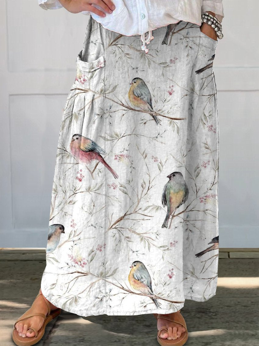 Bird Print Women's Linen Elastic waistband Pocket Skirt