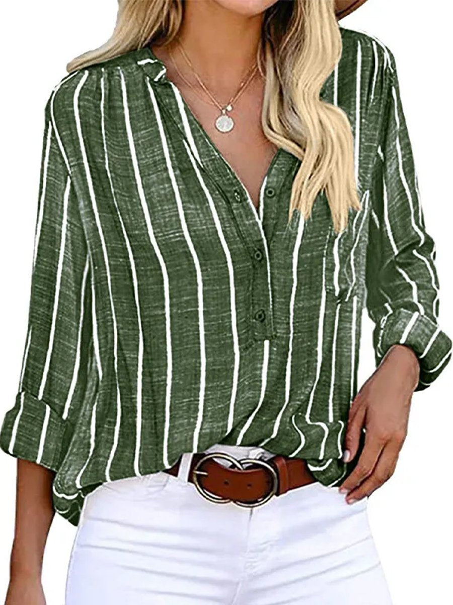 Women‘s Long Sleeve Blouse Ladies Fashion V-Neck Stripe Shirt