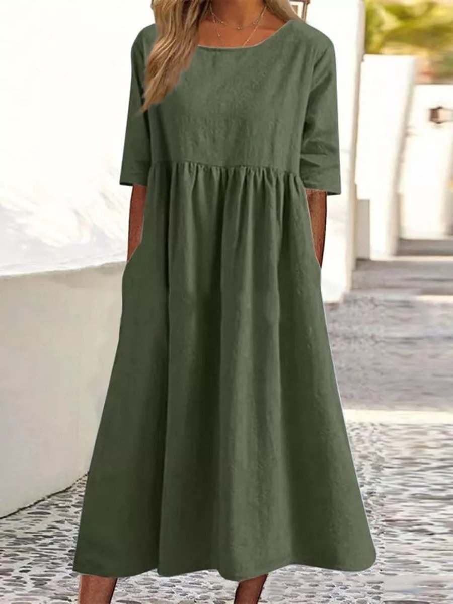 5-quarter Sleeve Casual Loose Solid Color Cotton and Linen Dress