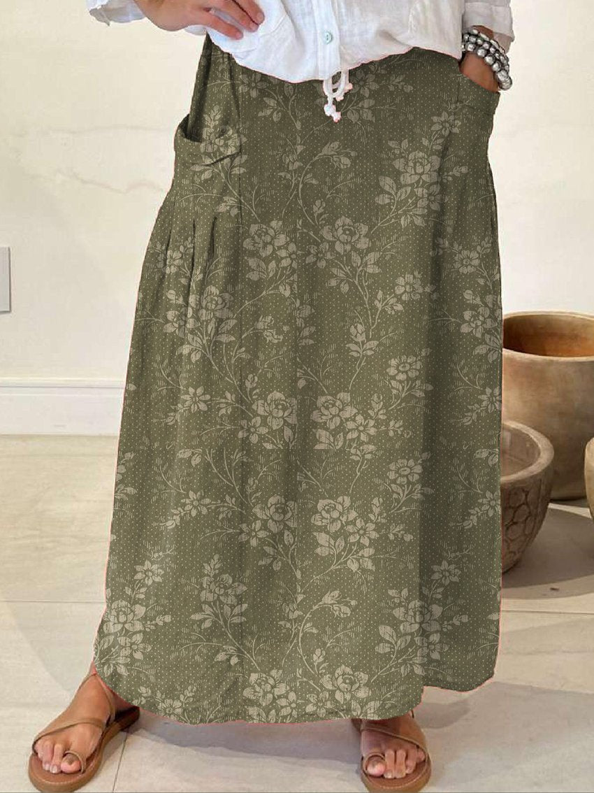 Women's Vintage Floral Linen Elastic waistband Pocket Skirt