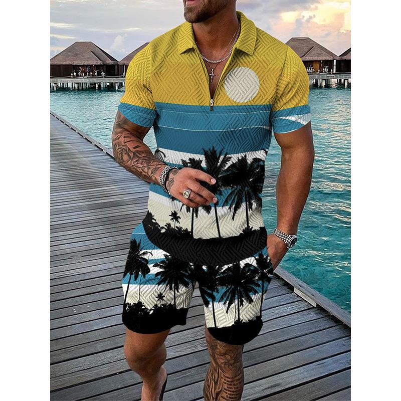 Men's Hawaiian Coconut Tree Polo Shirt Set 83738136L