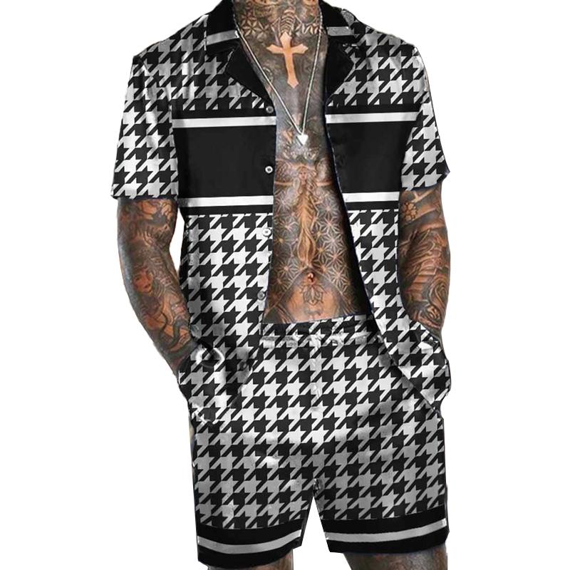 Men's Hawaiian Matching Set Summer Beach Houndstooth Print Two Piece Outfits 39532687L