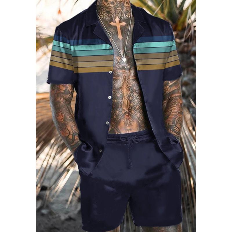 Striped Colorblock Casual Print Short Sleeve Suit 72722850L