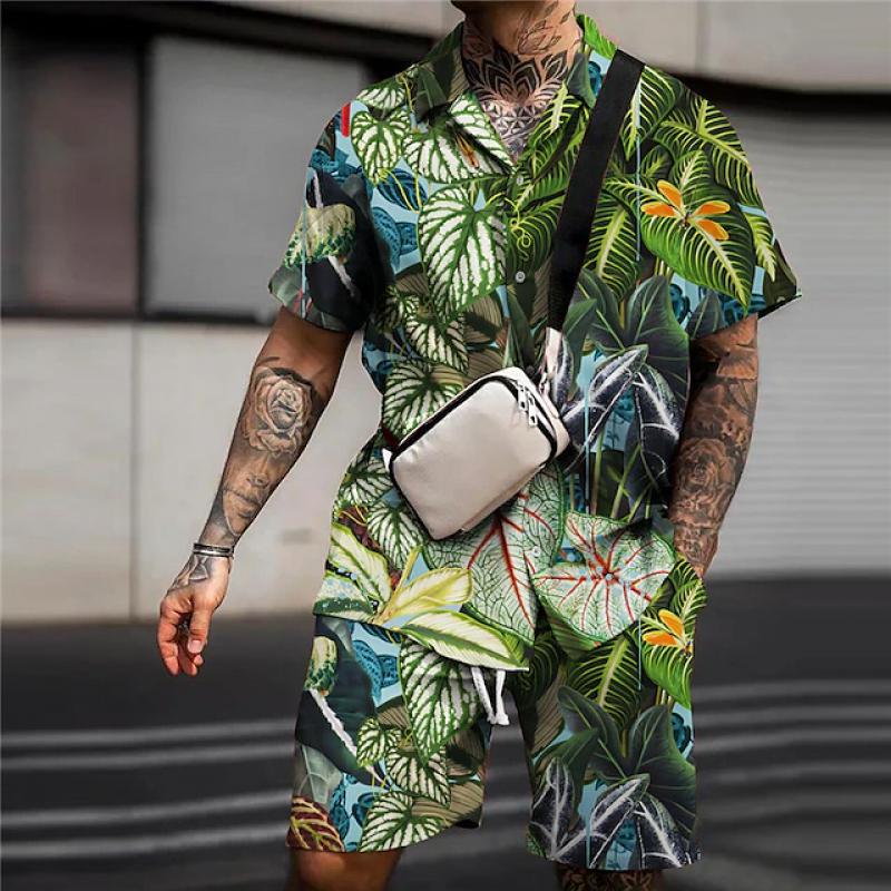 Men's Printed Cuban Collar Short Sleeve Shorts Set 19911191L