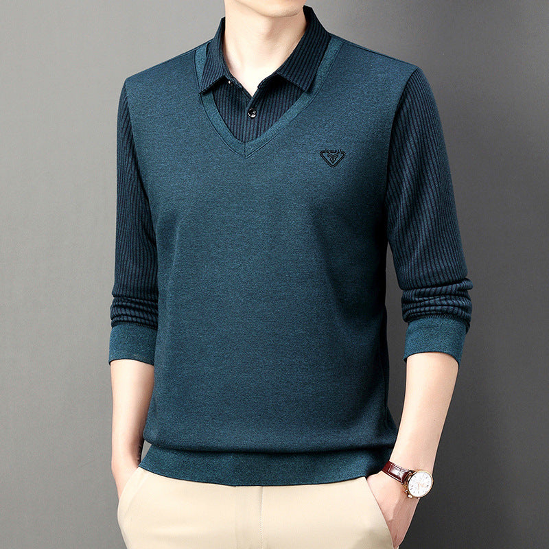 Collar Button Embroidery Striped Sweater for men