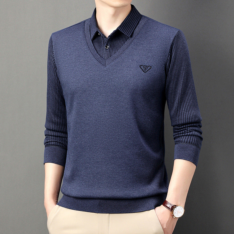 Collar Button Embroidery Striped Sweater for men