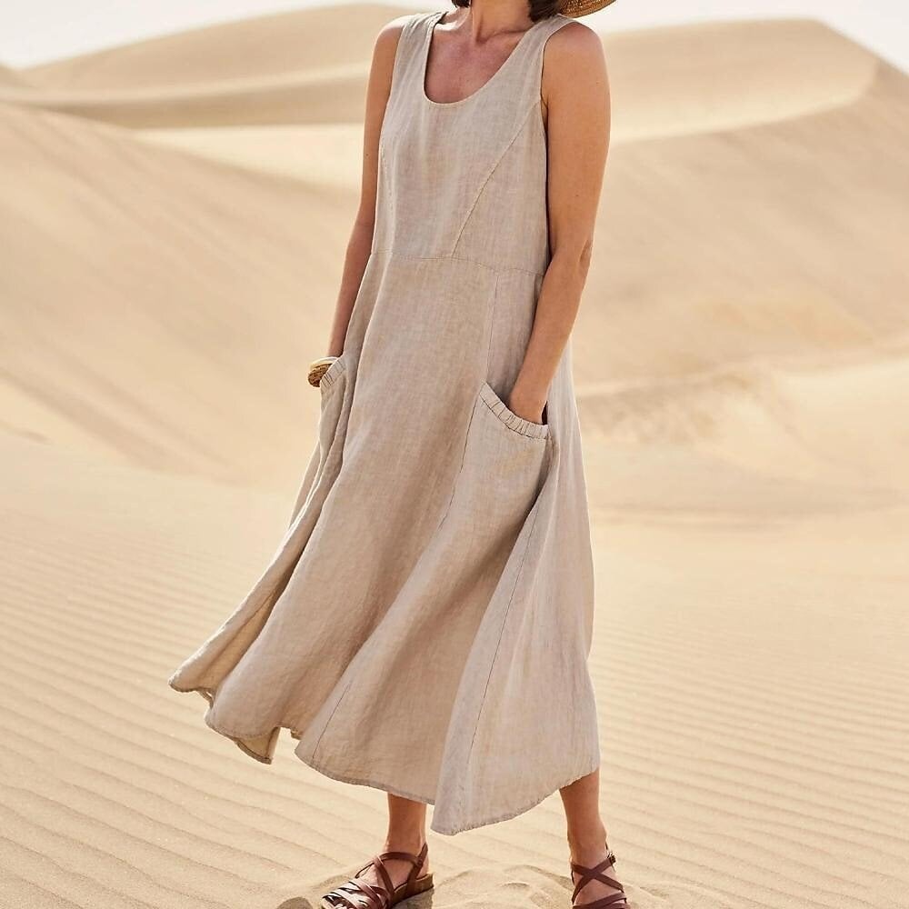 Isabel | Women's sleeveless cotton and linen dress with pocket
