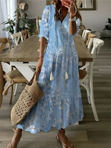 Patterned half-length sleeve V-neck maxi dress