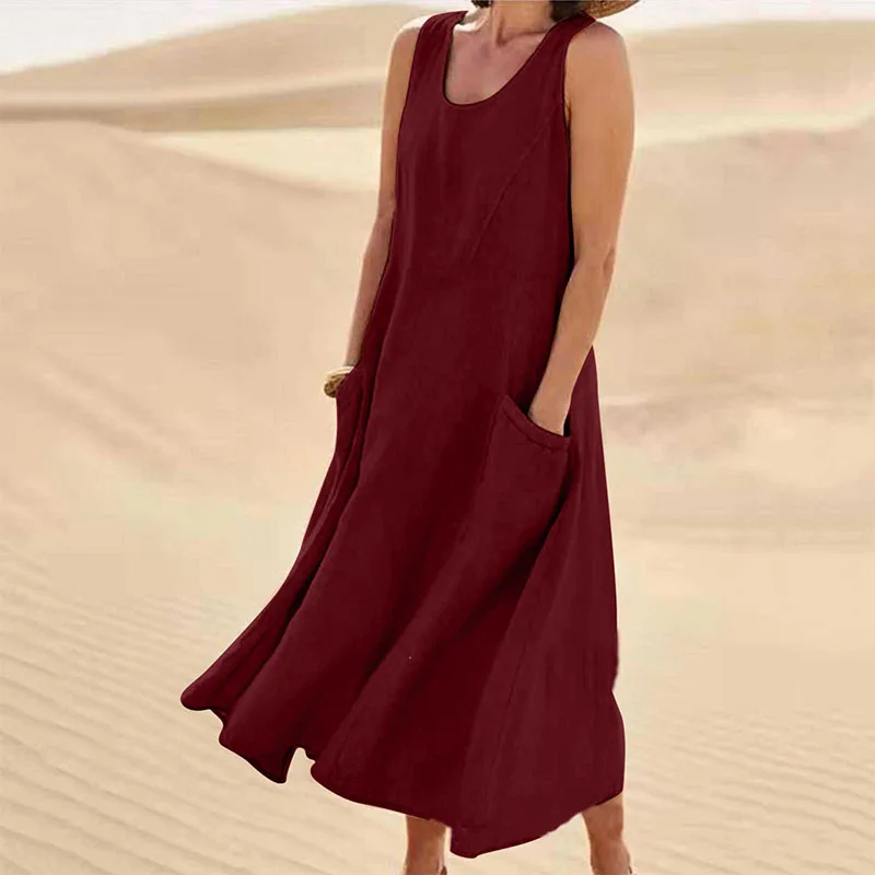 Isabel | Women's sleeveless cotton and linen dress with pocket