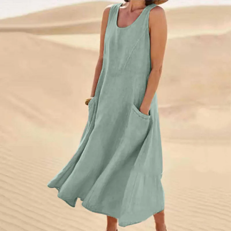 Isabel | Women's sleeveless cotton and linen dress with pocket