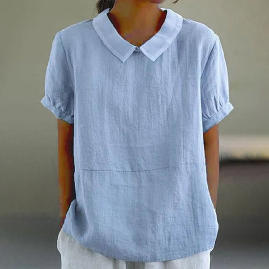 Blue Plain Short Sleeve Round Neck Top