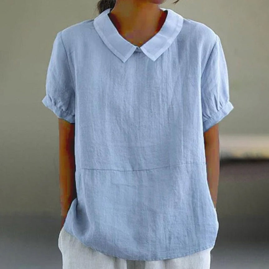 Blue Plain Short Sleeve Round Neck Top