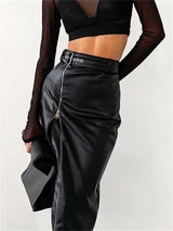 Elegant PU leather pencil skirt with high waist and zip fastening
