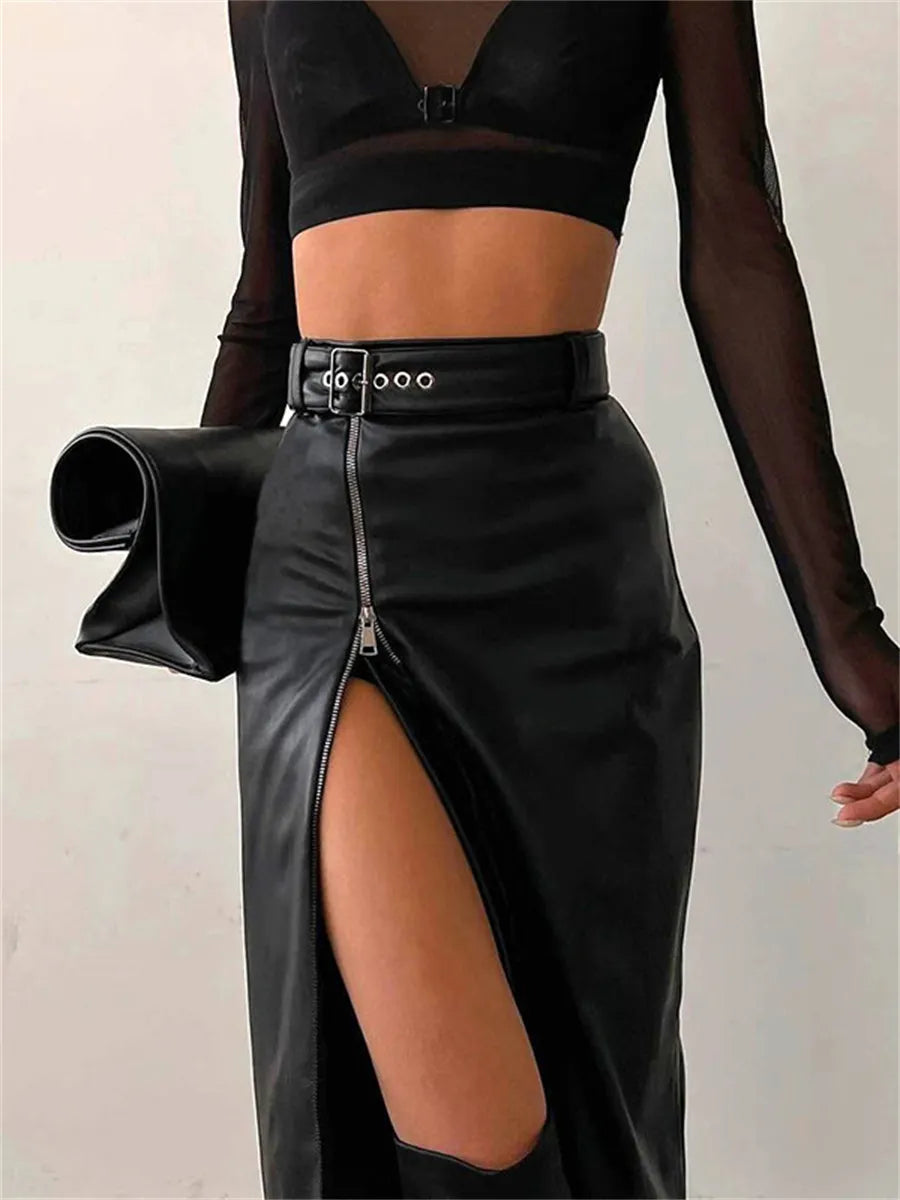 Elegant PU leather pencil skirt with high waist and zip fastening