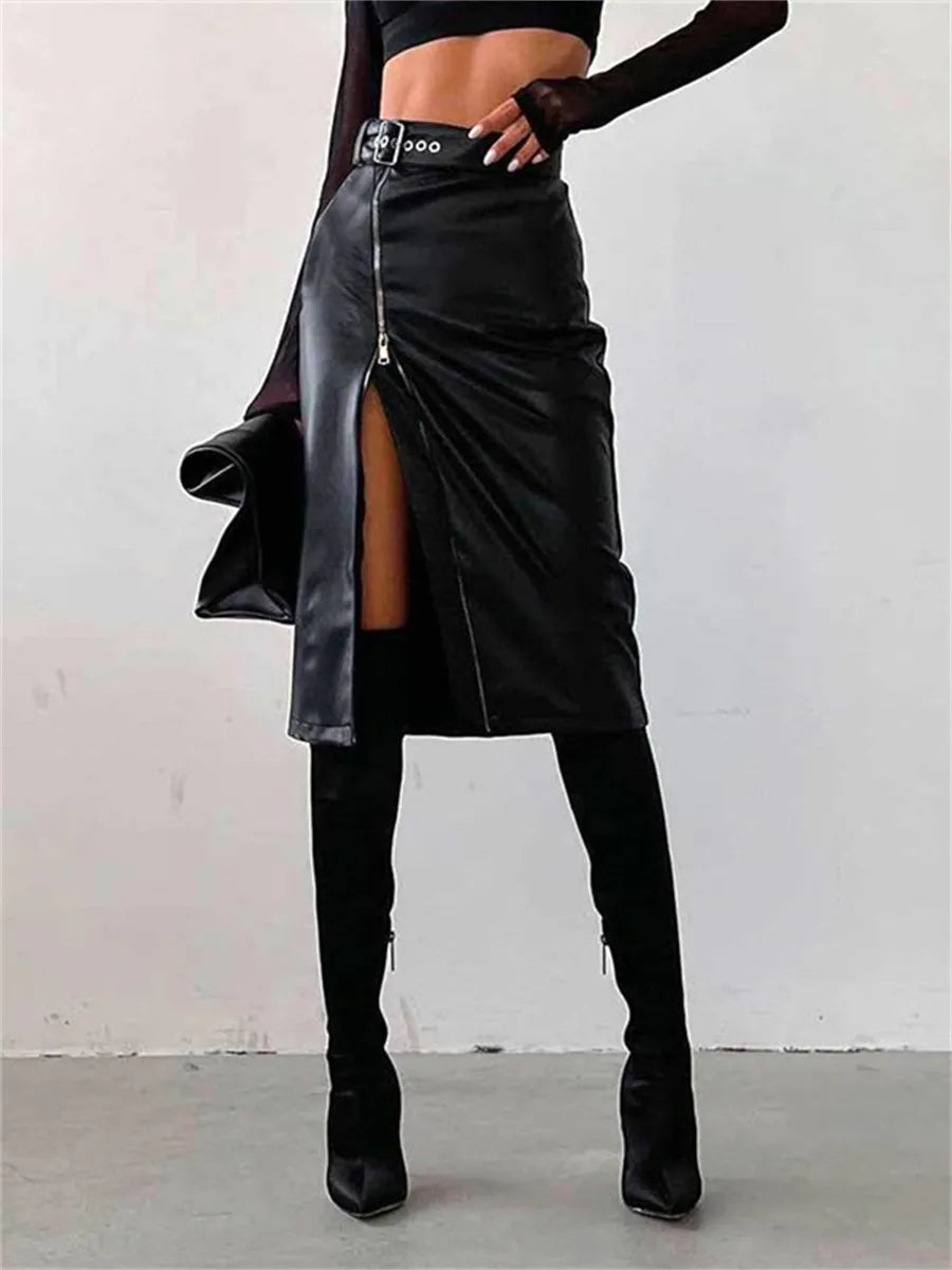 Elegant PU leather pencil skirt with high waist and zip fastening