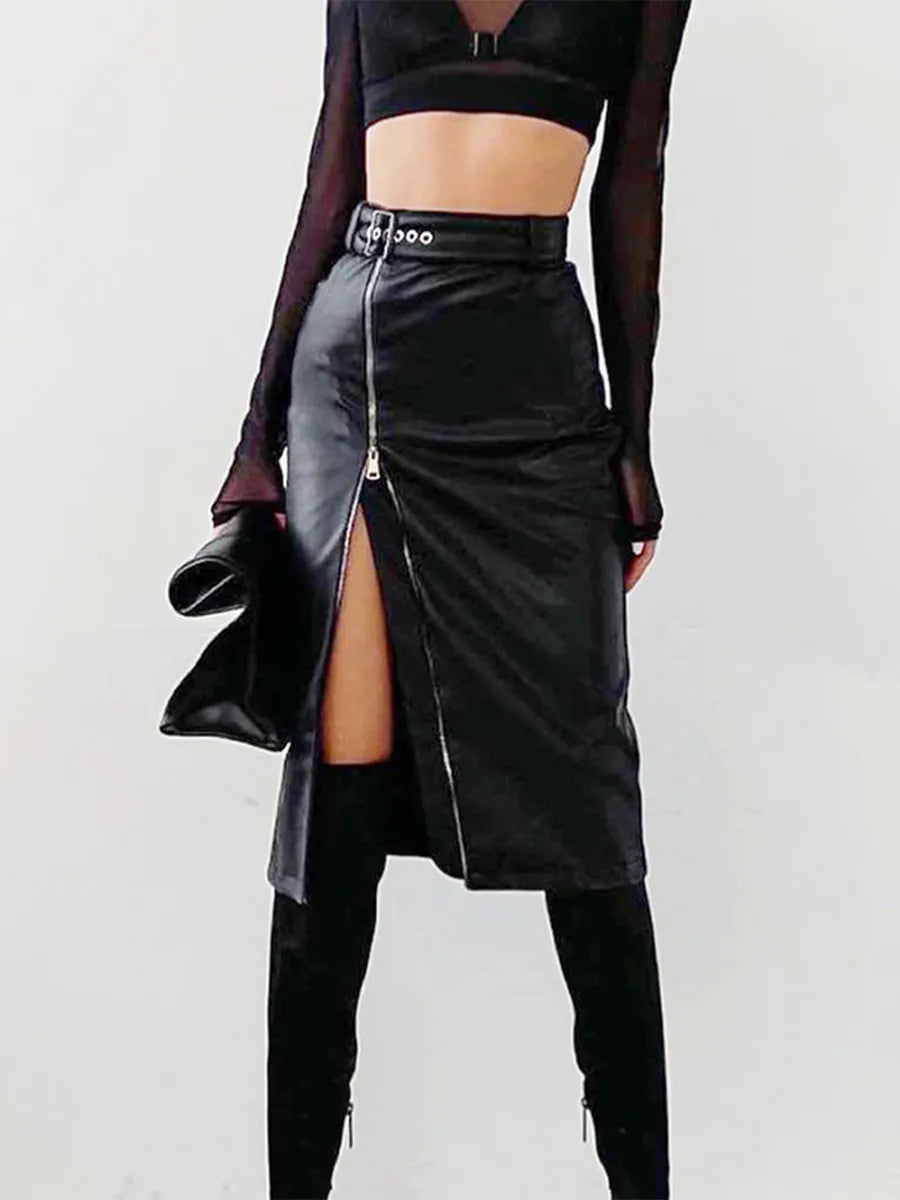 Elegant PU leather pencil skirt with high waist and zip fastening